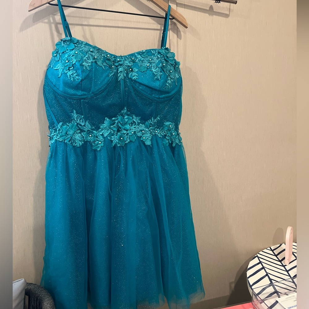 NWOT Teal Midi Tulle Dress Embroidered Flower Details, Lace Up Back PROM FORMAL